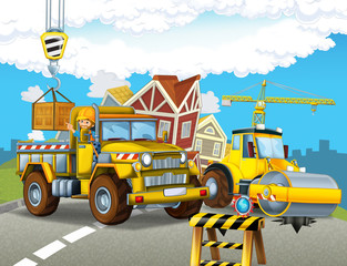 Obraz na płótnie Canvas Cartoon road roller truck in the city - illustration for children