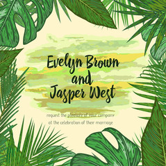Vector leaves card design: tropical palm plants Festive summer background in watercolor. Vector elegance decorative invitation card