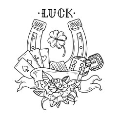 Tattoo horseshoe with playing cards, dice, rose and shamrock clover. Good Luck tattoo. Black and white illustration