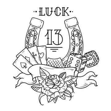 Horseshoe with playing cards,dice,shamrock clover and number 13. Black and white illustration