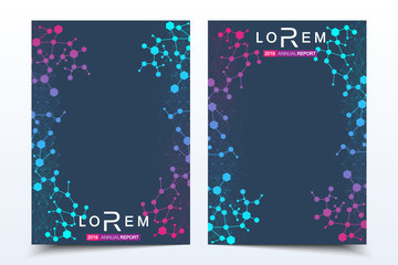 Scientific brochure design template. Vector flyer layout, Molecular structure with connected lines and dots. Scientific pattern atom DNA with elements for magazine, leaflet, cover, poster design.