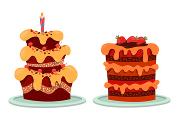 Delicious cake with strawberry and candle, icing