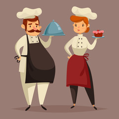 Cook chef in uniform, woman with plate in hand