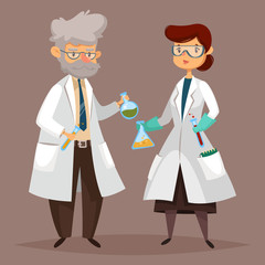 Fototapeta premium Chemist man, scientist woman with chemical items