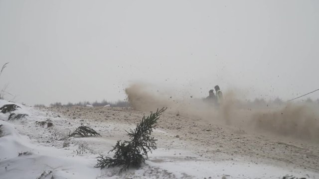 Russian Championship on snowmobiles January 27, 2018: Winter racing on snowmobiles. Snowmobile on the route in a jump. Action from snowmobile races.