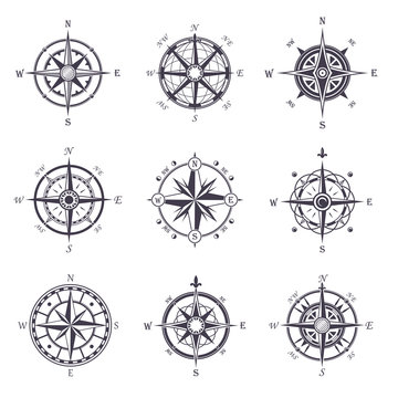 Wind rose or old, vintage compass heraldic icons