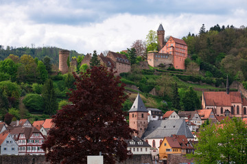 View of the old town of Hirschhorn (Hesse, Germany), its historic center and the castle form the south bank of the Neckar River