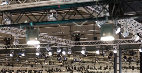 Metal truss with lights in a big hall