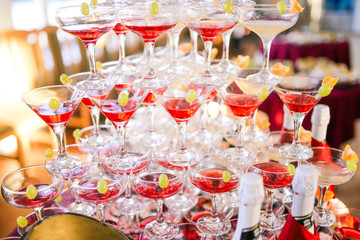 Pyramid of glass bakers with wine