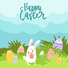 Happy Easter card template with cute white bunny surrounded by decorated eggs holding one. Grass sky background. Hand written lettering.