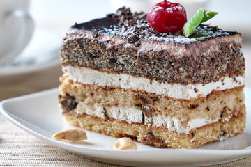 Delicious dessert cake with chocolate cream