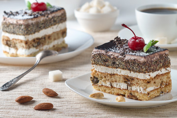 Delicious dessert cake with chocolate cream