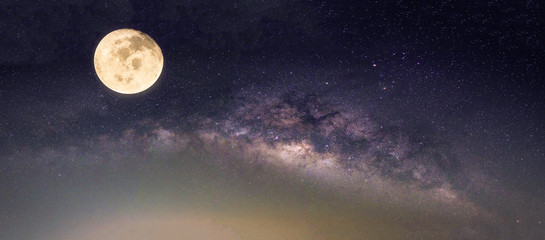 Landscape with Milky way galaxy. Night sky with stars and the full moon. (Elements of this moon...