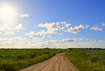 Fototapeta na wymiar picturesque countryside landscape: a sandy rural road amidst green fields against a blue sky with a bright sun and clouds