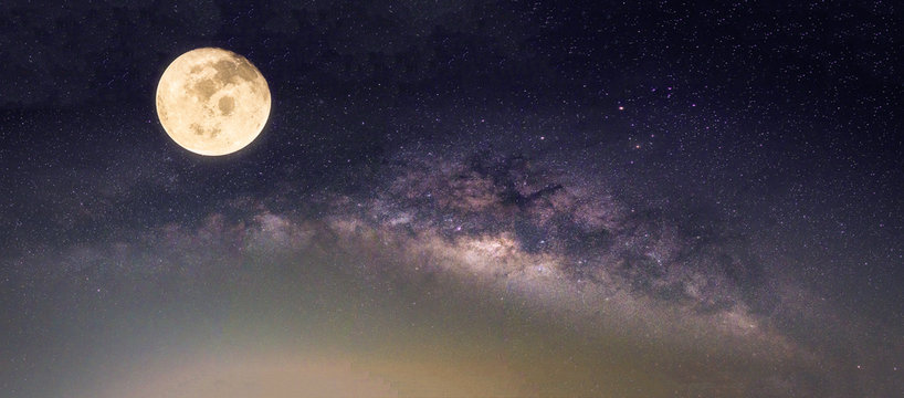 Fototapeta Landscape with Milky way galaxy. Night sky with stars and the full moon. (Elements of this moon image furnished by NASA)