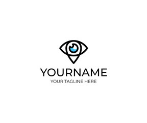 Eye and geotag logo template. Search and geotagging vector design. Concept of global coordinate, vision and geotag