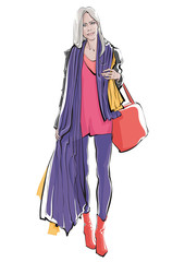 Fashion sketch girls. Stylish hand drawing women with shopping bag. Vector illustration.