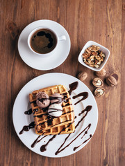 Belgian waffles with vanilla and chocolate ice cream