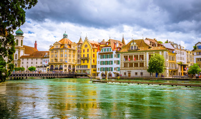 Naklejka premium Beautiful river cityscape of Lucerne, Switzerland
