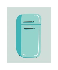 Hand drawn vector abstract modern cartoon cooking time kitchen interior illustrations icon with retro vintage blue closed refrigerator isolated on white background.Food cooking concept design