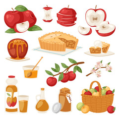 Apples vector healthy applepie with jam and applejuice from fresh fruits in garden with appletrees illustration of set isolated on background