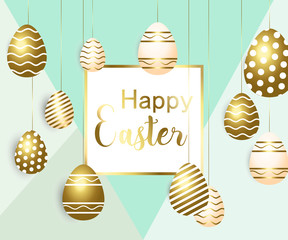 Happy easter template with gold ribbon and eggs, frame, green background and gold confetti