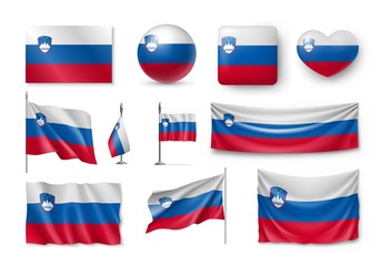 Set Slovenia flags, banners, banners, symbols, flat icon. Vector illustration of collection of national symbols on various objects and state signs
