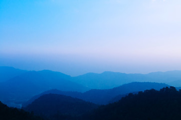 Blue hour Morning sunrise sky forest and mountain in Mon Cham, Chiang Mai, Thailand