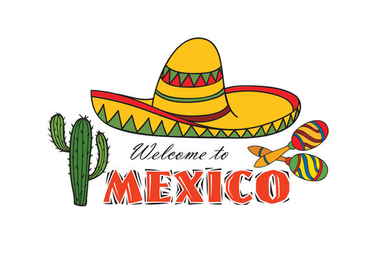 Mexican icon. Welcome to Mexico sign. Travel sign with cactus, sombrero  Stock-illustrasjon | Adobe Stock