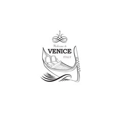 Venice city sign. Tourist venetian transport gondola. Travel Italy icon