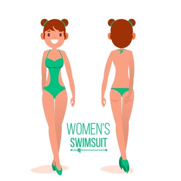 Women s Swimsuit Vector. Fashionable Swimsuit. Back And Front Side. Fashion Bikini. Isolated Flat Illustration