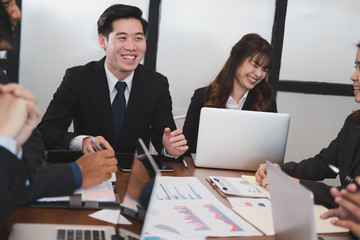 business people having meeting. businessman, businesswoman working with financial chart report. startup man & woman discussing market plan at workplace. discussion, teamwork, collaboration, corporate 