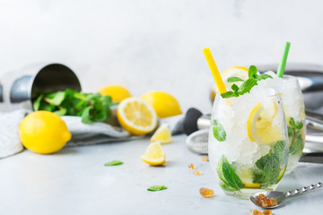 Cold alcohol mojito cocktail, long drink beverage, lemonade