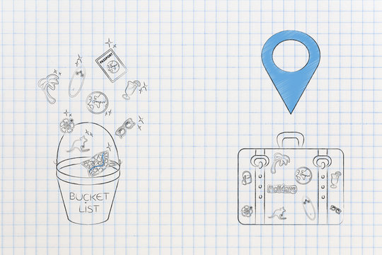 bucket list icon with travel-related icons coming out next luggage with gps pin above it