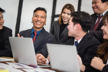 business people having meeting. businessman, businesswoman working with financial chart report. startup man & woman discussing market plan at workplace. discussion, teamwork, collaboration, corporate 