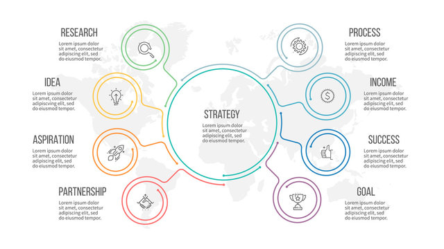 Business infographic. Organization chart with 8 options. Vector template.
