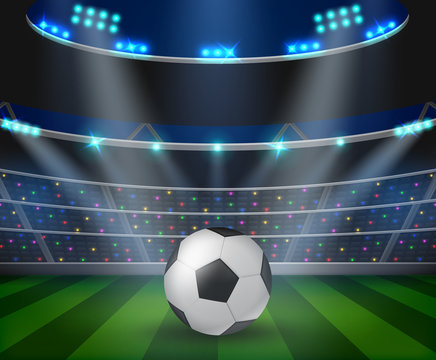 Soccer ball on green stadium, arena in night illuminated bright spotlights.vector illustration