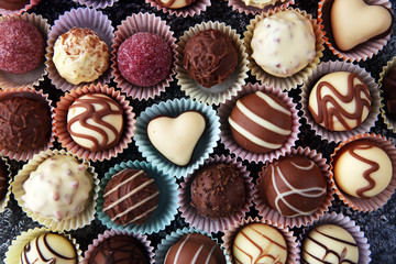 a lot of variety chocolate pralines, belgian confectionery gourmet chocolate.