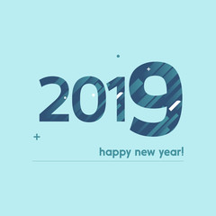 Happy New Year 2019 Vector Illustration - Bold Text with Creative Design on Bright Background -  White and Blue Lines, Circles, Plus Sign