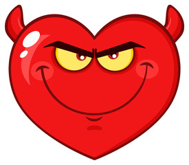 Devil Red Heart Cartoon Emoji Face Character With Smiling Expression. Illustration Isolated On White Background