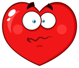 Worried Red Heart Cartoon Emoji Face Character With Confused Expression. Illustration Isolated On White Background