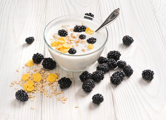 Bowl of homemade yogurt with muesli and fresh blackberry on wooden table. Fresh yogurt. Healthy food concept. High resolution product.