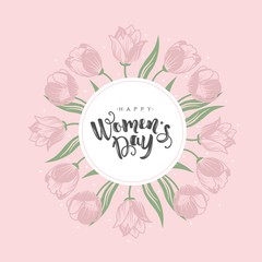 International Women's Day. Vector template with flowers and lettering. Design for card, poster, flyer. Vector illustration.