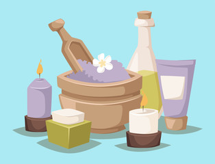 Spa vector icons treatment beauty procedures wellness spa-massage herbal cosmetics aroma spa stones towels and lotus flower illustration.