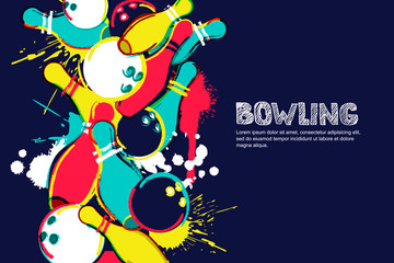 Vector bowling horizontal dark background. Abstract watercolor illustration. Bowling ball, pins and sketched letters on colorful splash background. Design elements for banner, poster or flyer. - 192336545