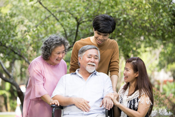 Portrait Of Asian Family Relaxing In Park Together. People lifestyle concept.