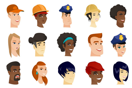 Portraits of young Caucasian white, African-american and Asian men and women of different professions - builder, tourist, policeman. Set of vector cartoon illustrations isolated on white background.