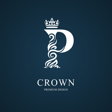 Elegant letter P with crown. Graceful royal style. Calligraphic beautiful logo. Vintage drawn emblem for book design, brand name, business card, Restaurant, Boutique, Hotel. Vector illustration