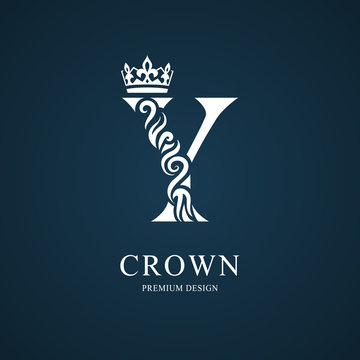 Elegant letter Y with crown. Graceful royal style. Calligraphic beautiful logo. Vintage drawn emblem for book design, brand name, business card, Restaurant, Boutique, Hotel. Vector illustration