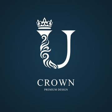 Elegant letter U with crown. Graceful royal style. Calligraphic beautiful logo. Vintage drawn emblem for book design, brand name, business card, Restaurant, Boutique, Hotel. Vector illustration